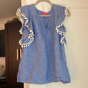 Lilly Pulitzer chambray pin pom top